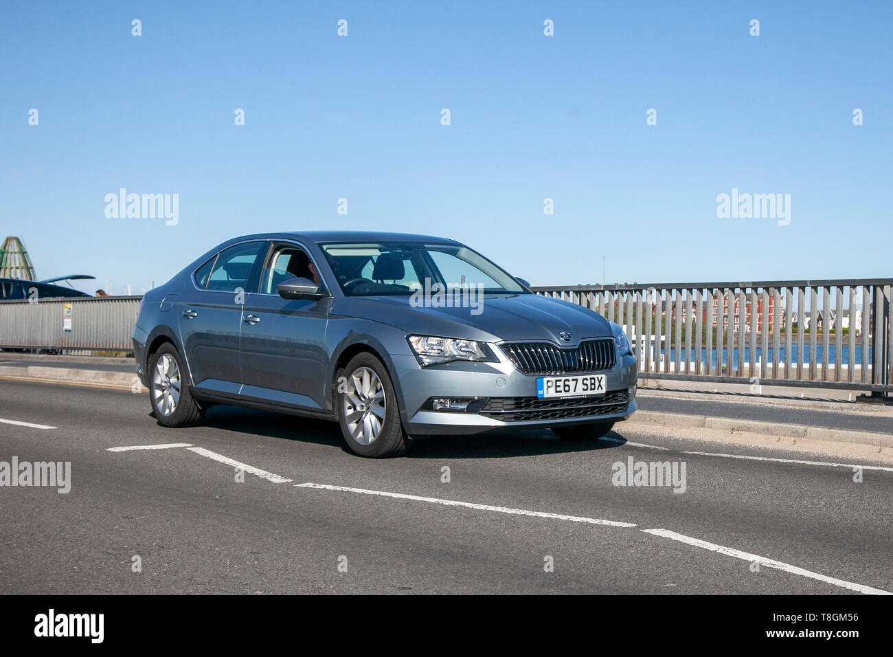 Blue 2017 Škoda Superb SE TDI on the seafront promenade, Southport, Merseyside, UK Stock Photo