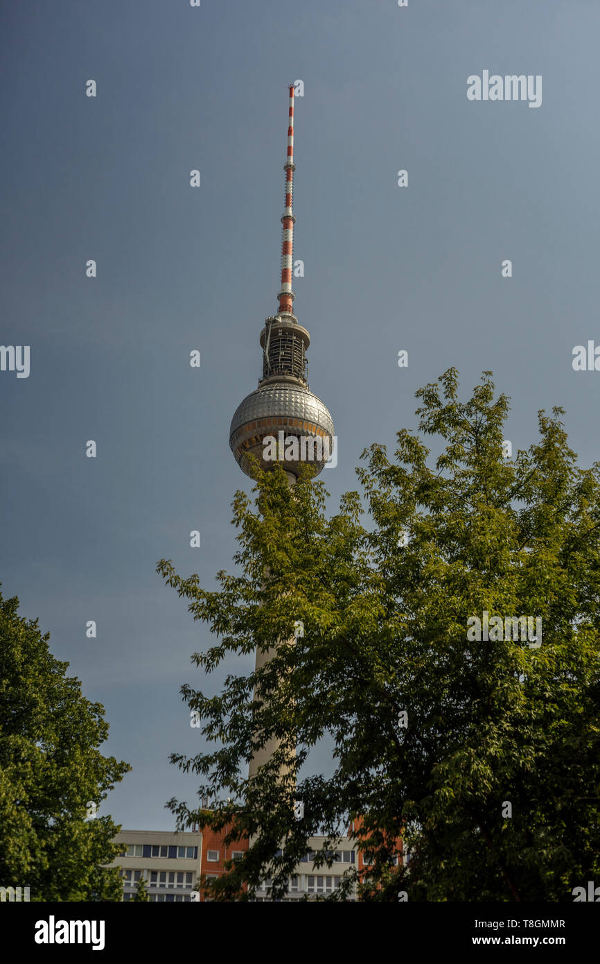 A view from the ground in Berlin Mitte to the Television Tower, Berlin 2018. Stock Photo