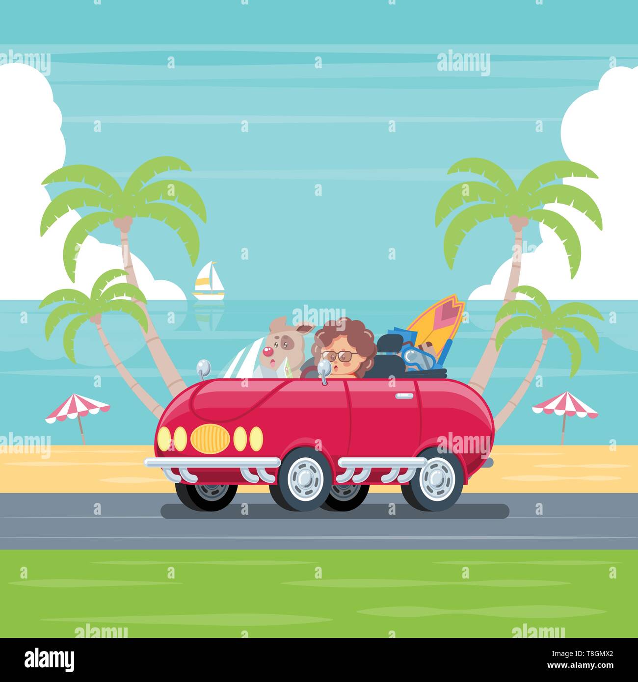 Boy and dog driving convertible car with surfboard and luggage cruising on a road along the beach with blue sky, sea, cloud, coconut trees, umbrellas, Stock Vector