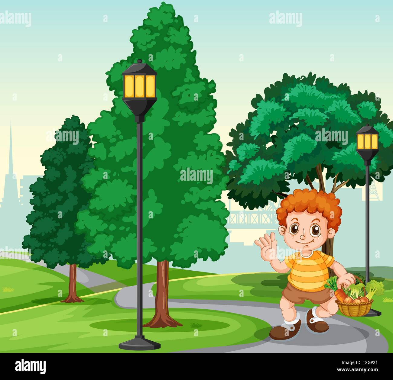 A boy with basket in the park illustration Stock Vector