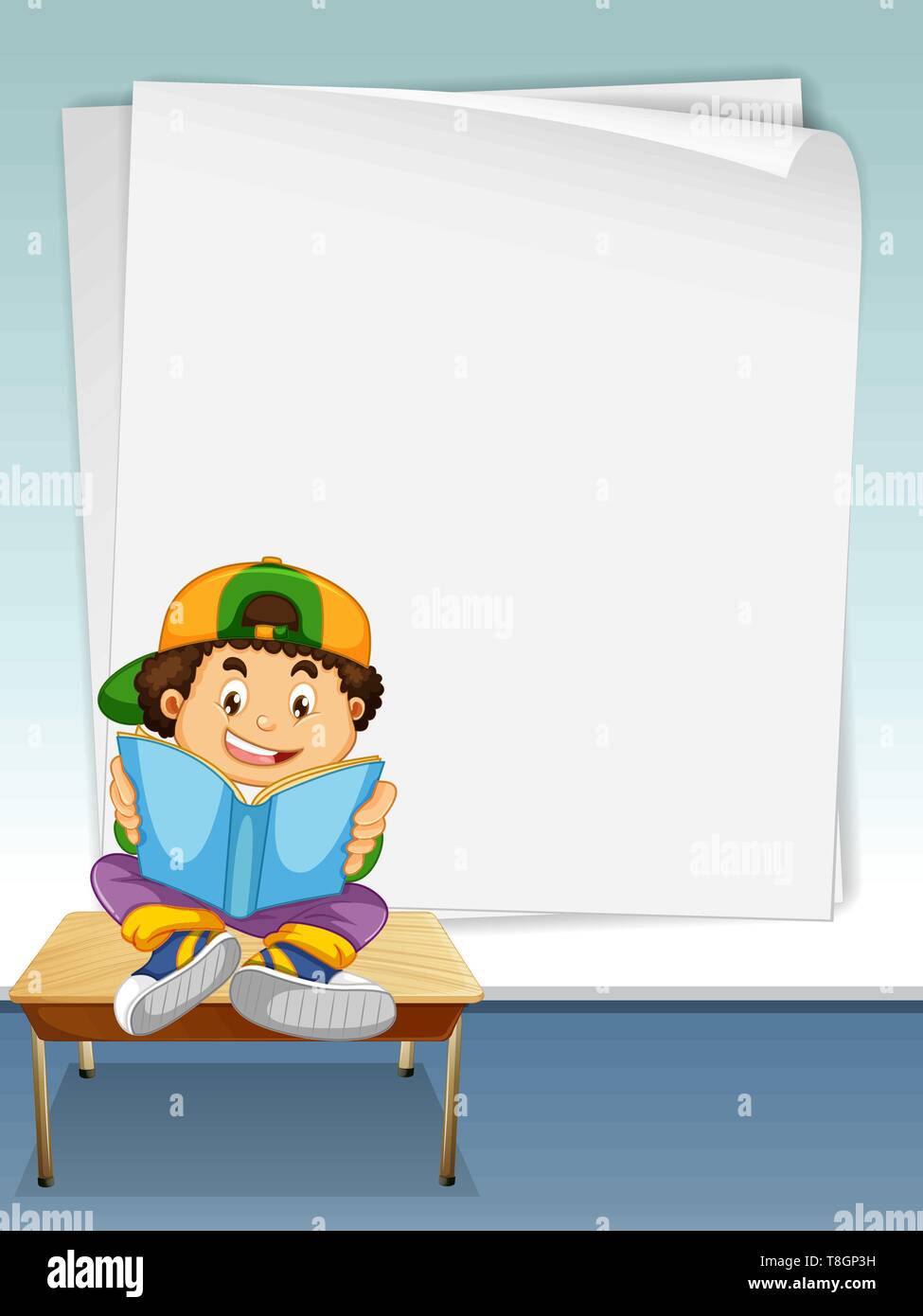 Border template with boy reading book illustration Stock Vector Image