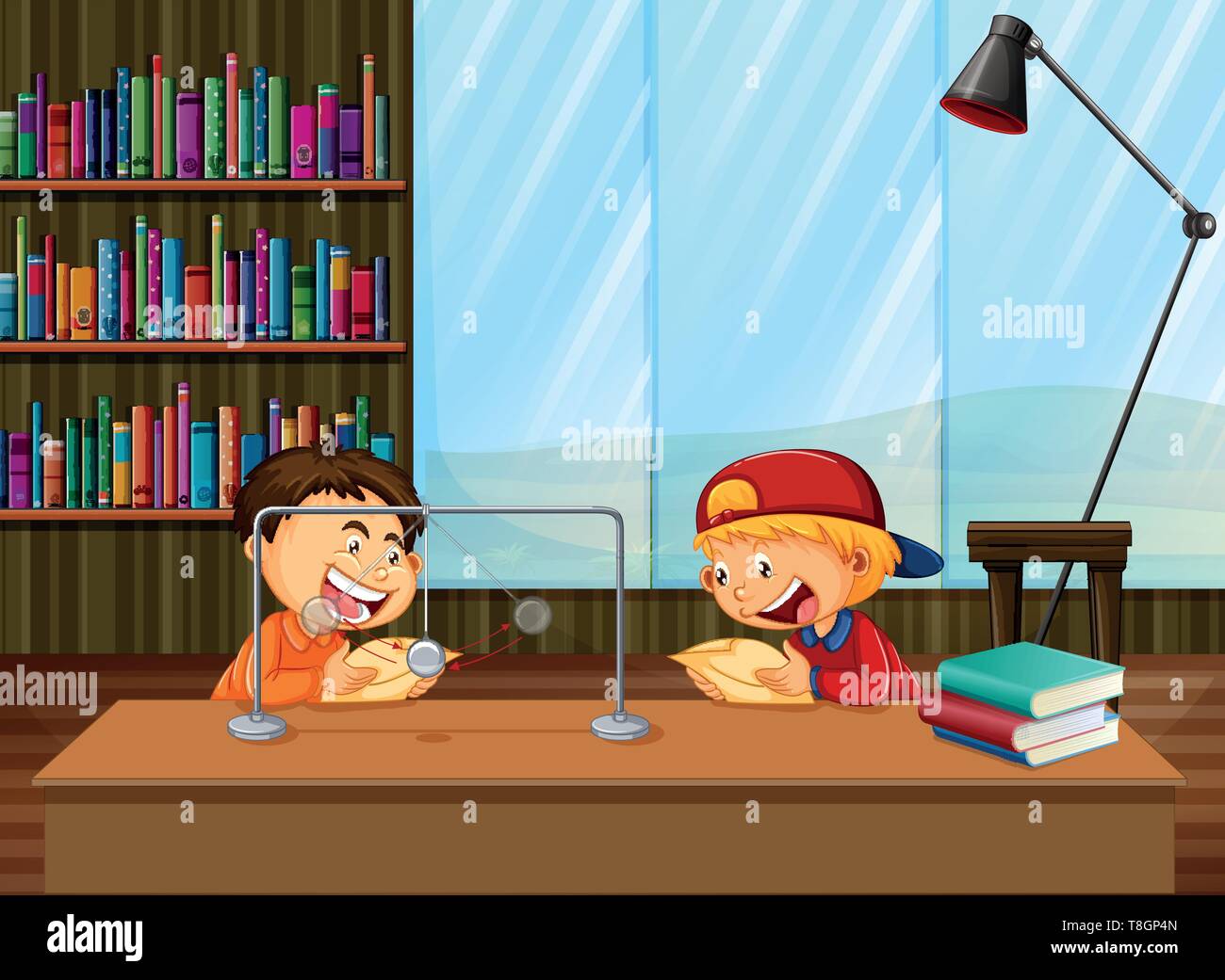 Boys learning in library illustration Stock Vector