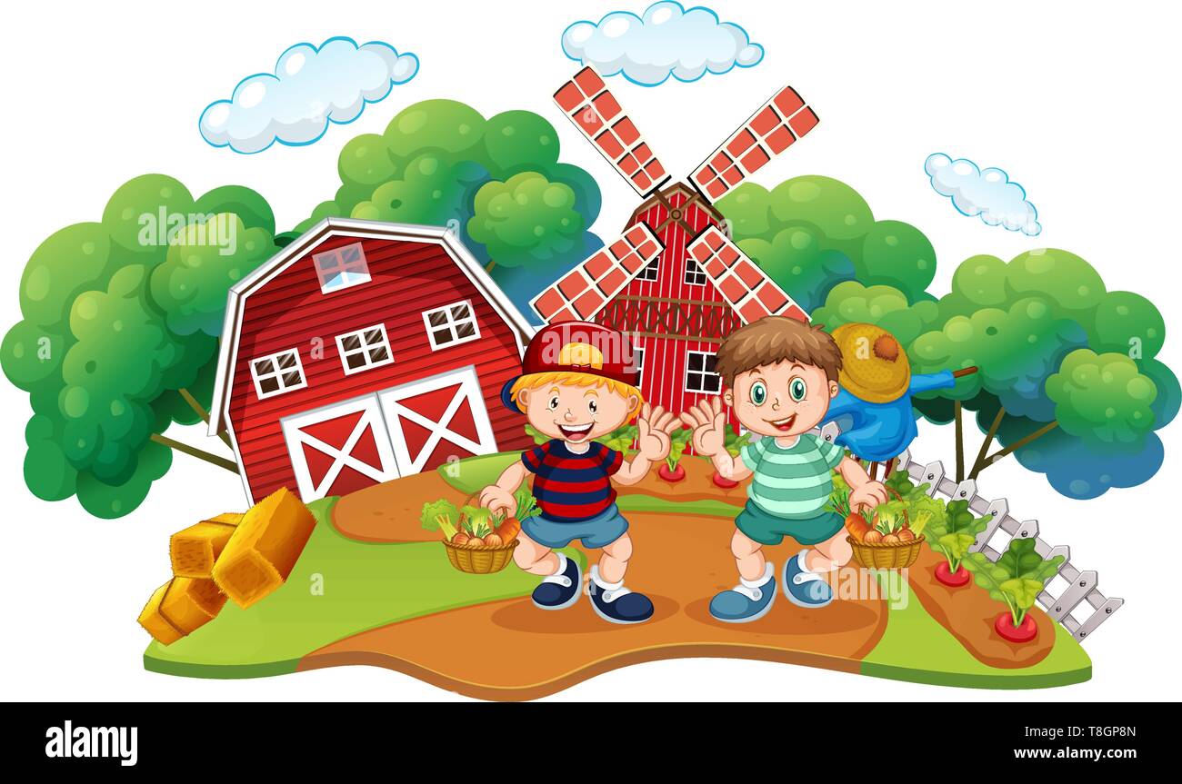 Children at the farm scene illustration Stock Vector Image & Art - Alamy