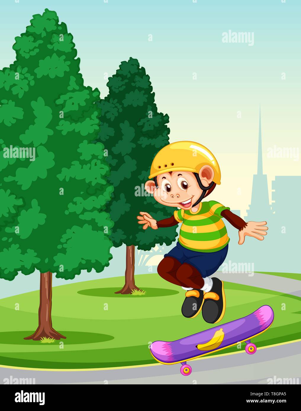A monkey playing skateboard at the park illustration Stock Vector
