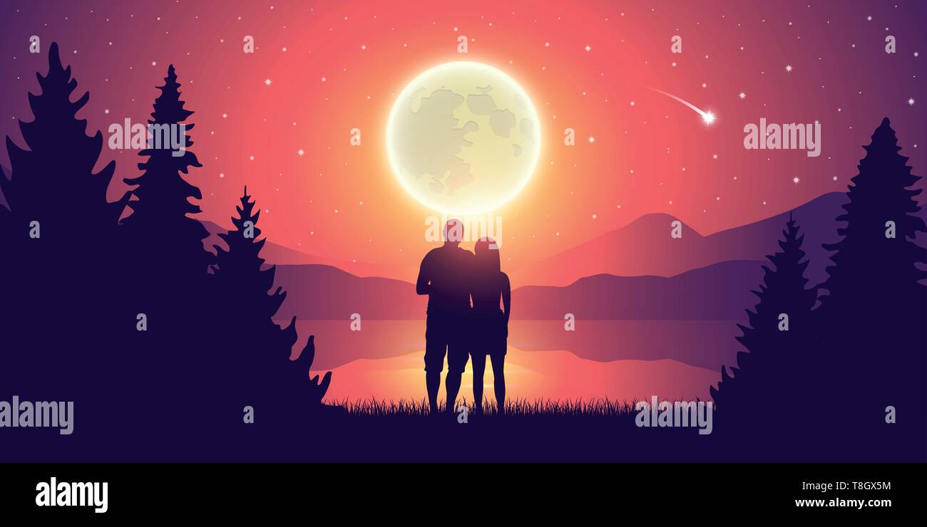 couple in love by the lake romantic full moon and starry sky vector illustration EPS10 Stock Vector
