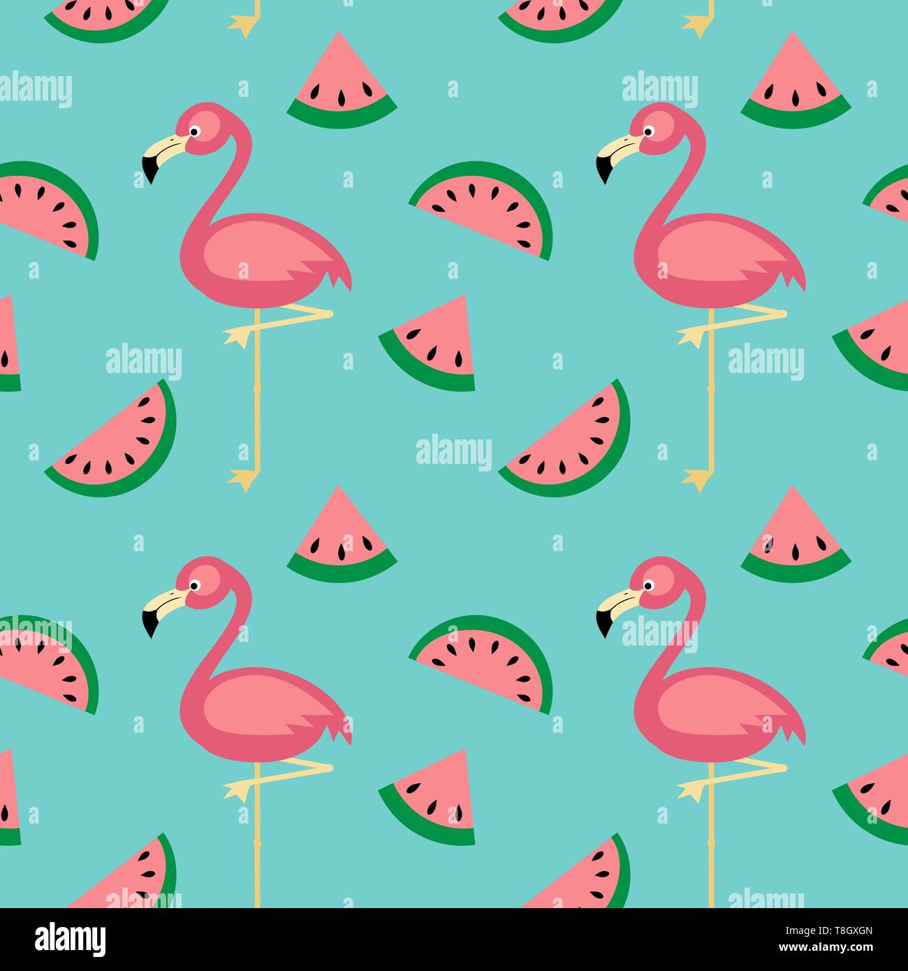 cute cartoon flat vector seamless background with flamingo and watermelon slices Stock Vector