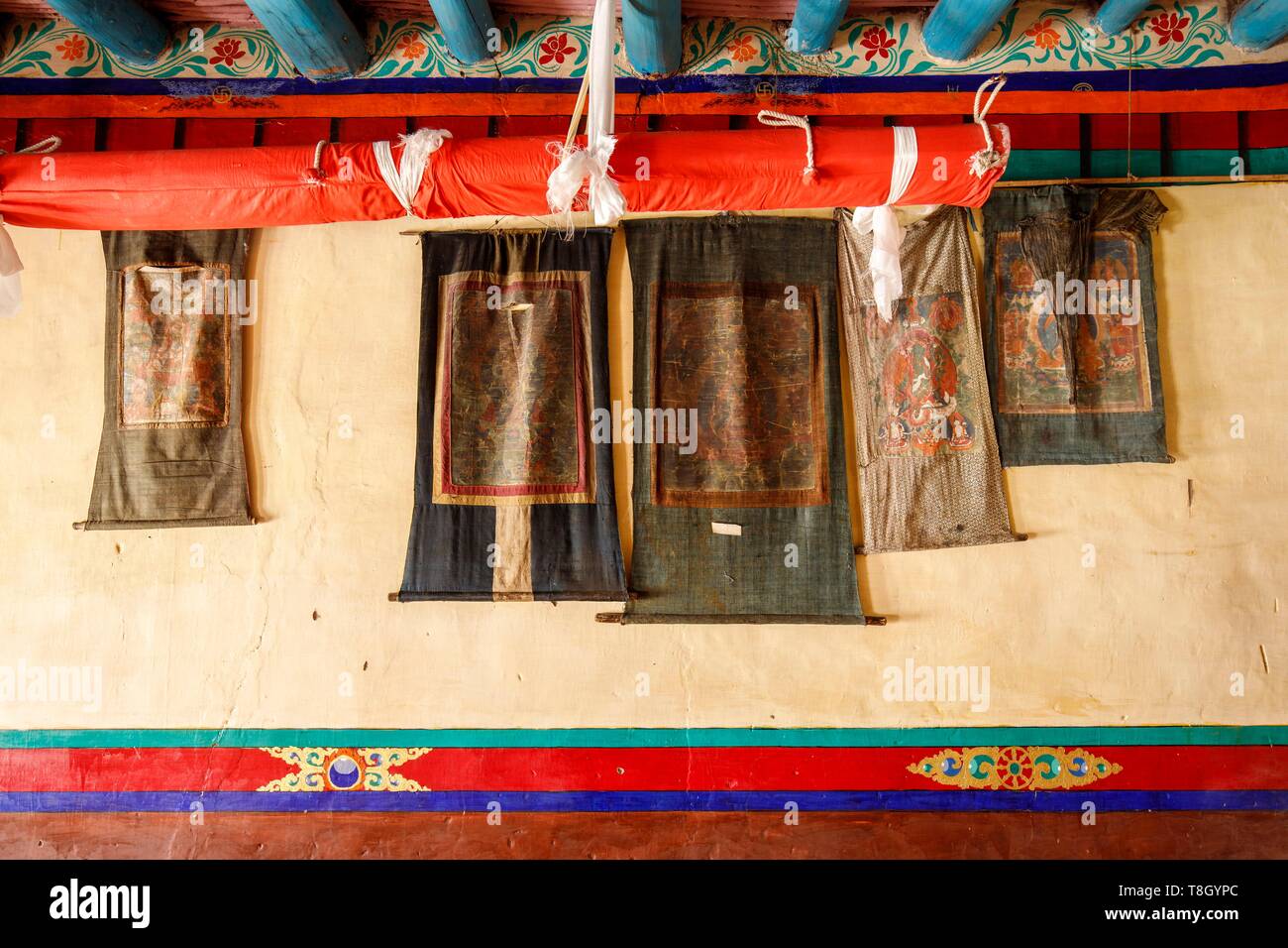 India, state of Jammu and Kashmir, Himalaya, Ladakh, Indus valley, Matho monastery (gompa), Lamdre Lhakang temple dedicated to Saskya Pandita houses old thangkas Stock Photo