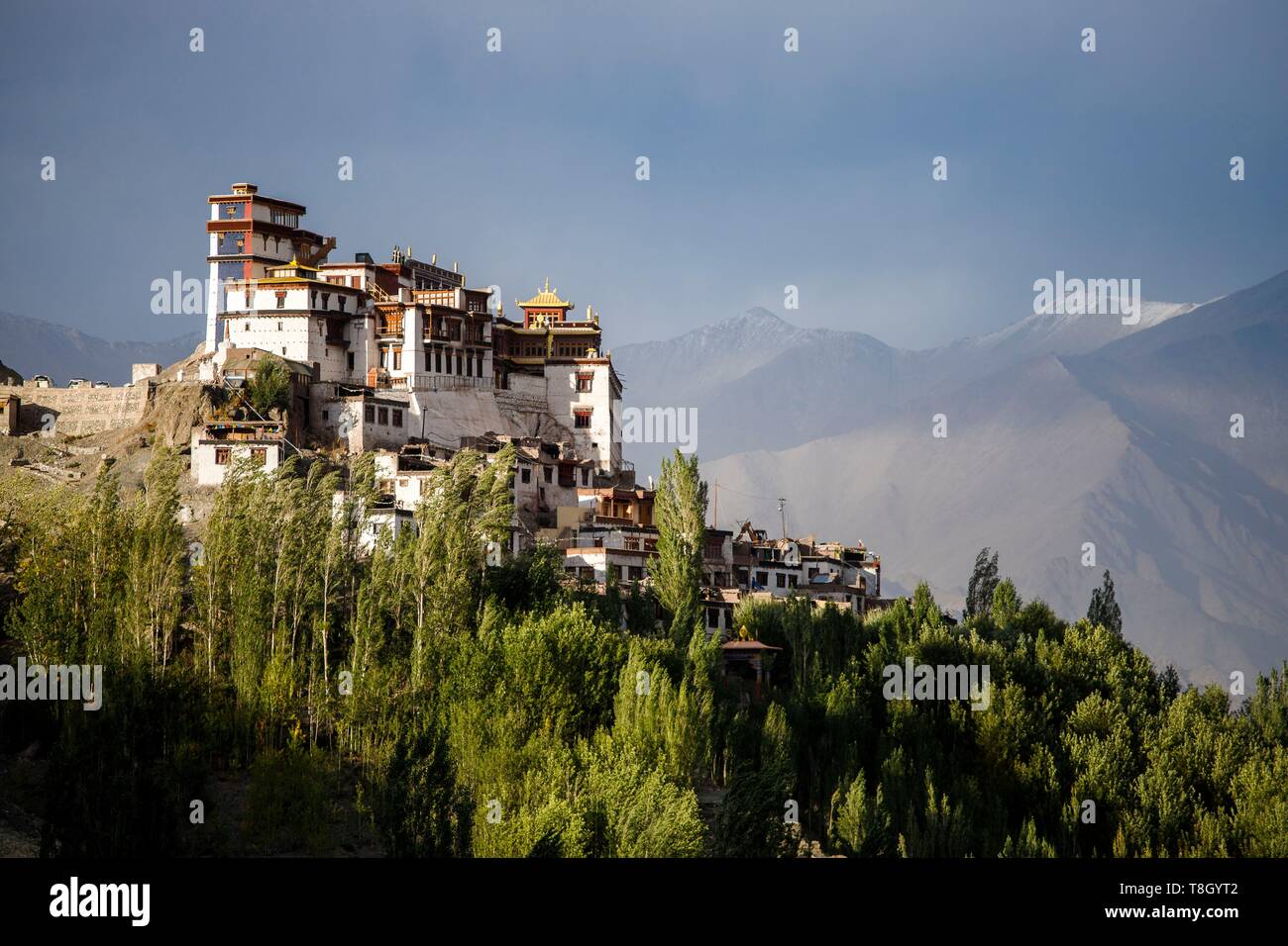 India, state of Jammu and Kashmir, Himalaya, Ladakh, Indus valley, Matho monastery (gompa) dominated by the colorful tower of the building housing the new Matho museum, in the background the Ladakh mountain range Stock Photo
