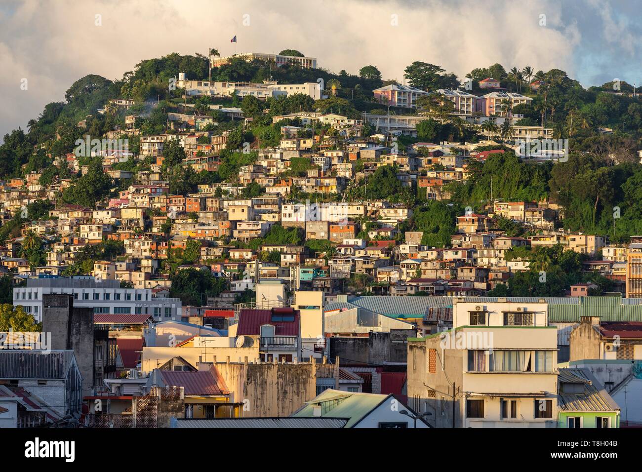 Martinique, Fort de France, at sunrise overlooking one of the popular areas of the city: Trenelle on one of the hills overlooking the city Stock Photo