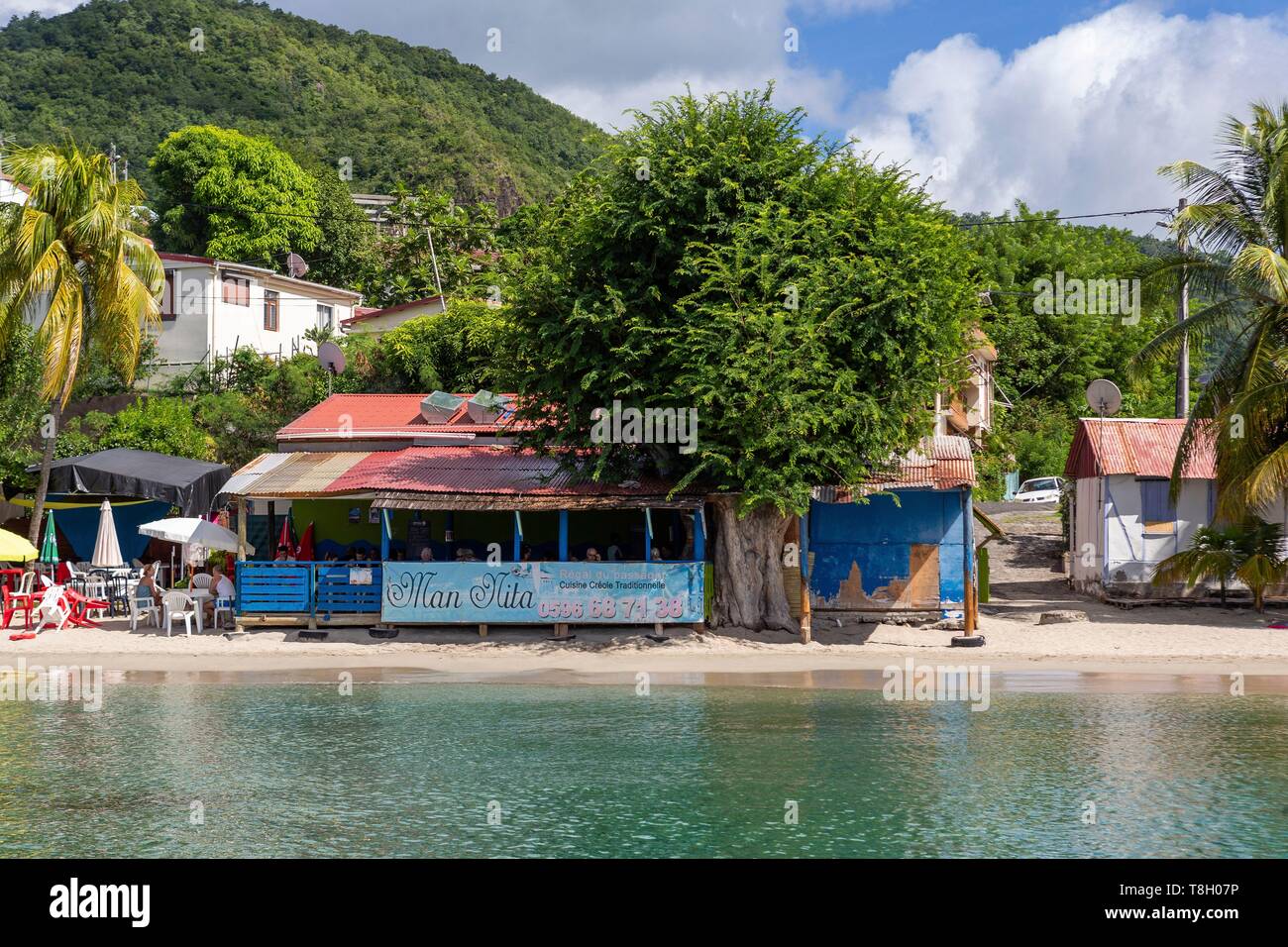 Martinique, on the beach of Anses d'Arlets, restaurant on the beach hut