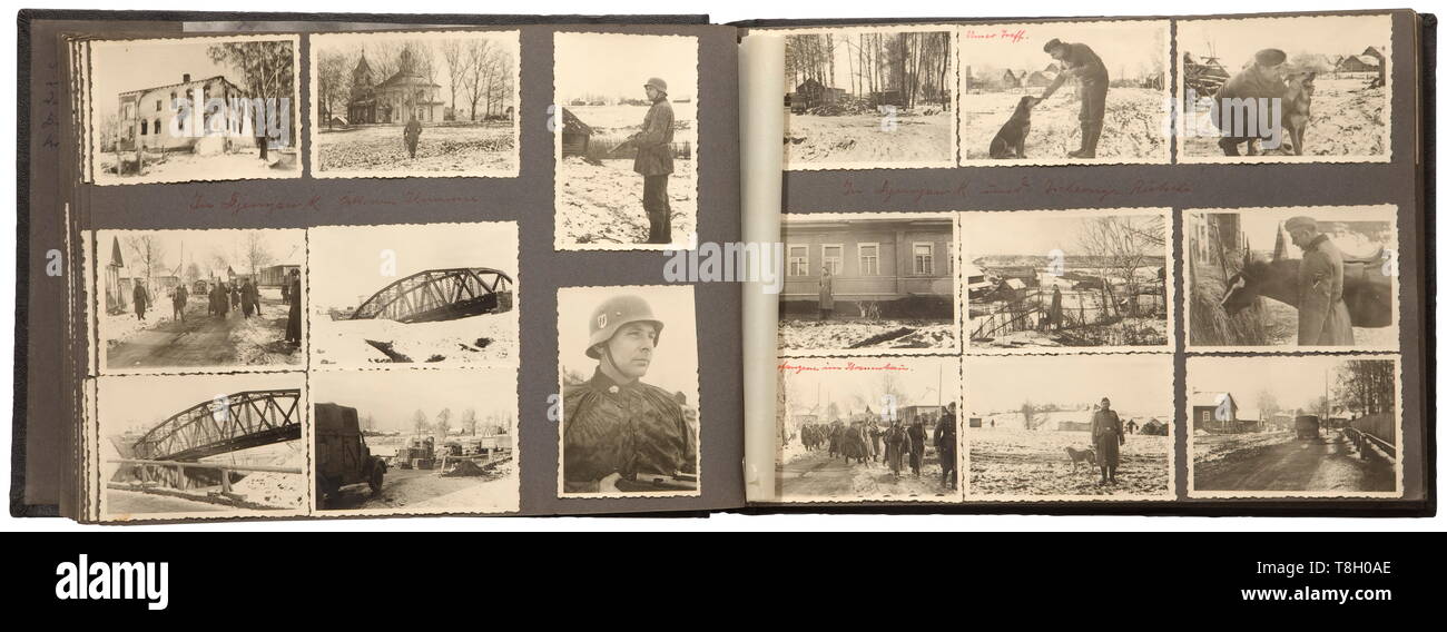 Profusely captioned photo album 3rd SS-Panzer-Division 'Totenkopf' - Pocket of Demyansk A total of circa 370 photos. The pictures are glued into a commemorative album for serving in the 'LSSAH', the runes and the inscription on the cover removed or retouched. Very good photos predominantly of the Russian theatre of war. Many battle scenes during winter, camouflage uniforms, 'Bergmann'-MP and seized weapons, 'Kriegsberichter-SS' armband, fighting against partisans. Many senior officers such as Reichsführer H. Himmler and Theodor Eicke, positions, aircraft and seized war mate, Editorial-Use-Only Stock Photo