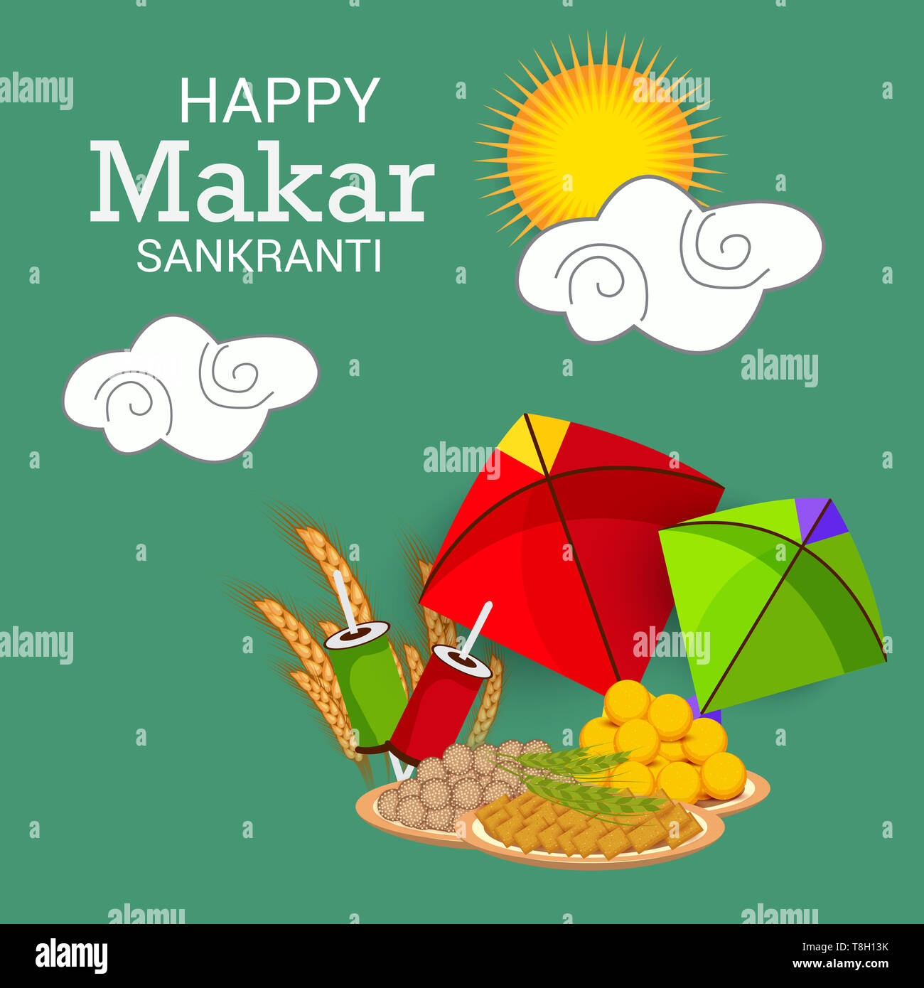 Vector illustration of a Background for Traditional Indian Festival  Celebrate Makar Sankranti with Colorful Kites Stock Photo - Alamy