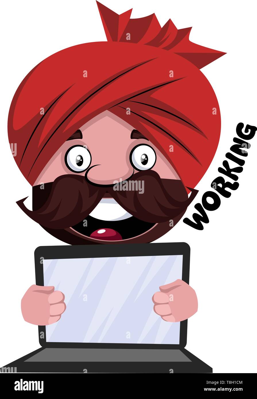 Man with turban is holding laptop, illustration, vector on white background. Stock Vector