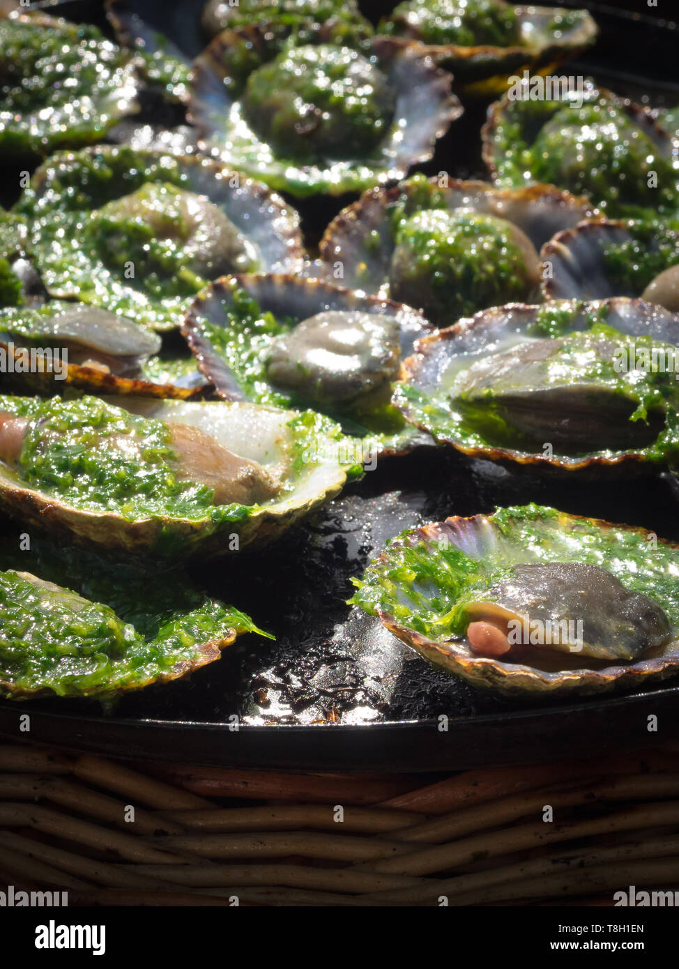 grilled limpets with green mojo, typical avocado in Lanzarote, Canary Island Stock Photo