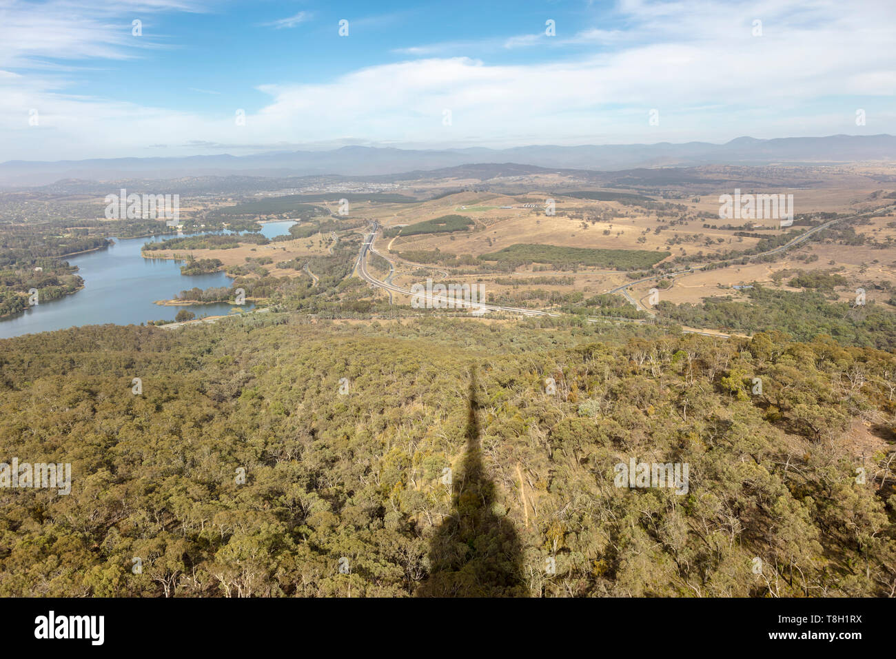 Panoramic views of Molonglo River from iconic Telstra Tower in Canberra, Australia. Stock Photo