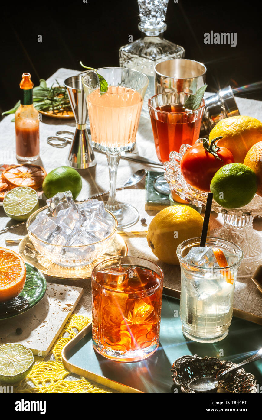 Negroni and other cocktails with gin, bitter, and vermut Stock Photo Alamy