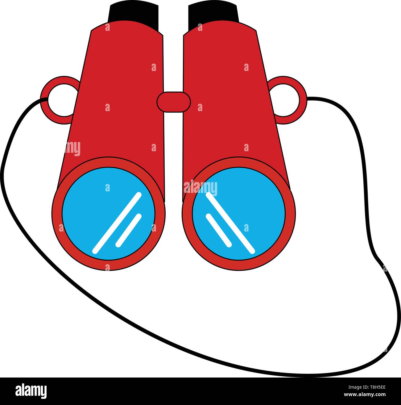 A big binoculars in red colour with a thread to hang around the neck , vector, color drawing or illustration. Stock Vector