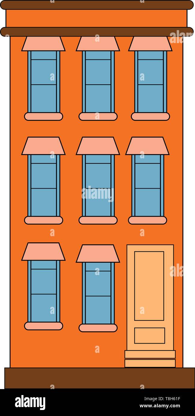 A Three Storey Orange Building With A Big Door And Number Of
