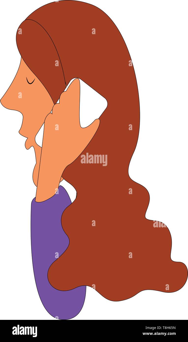 A girl with very long hair whose on call on her phone , vector, color drawing or illustration. Stock Vector