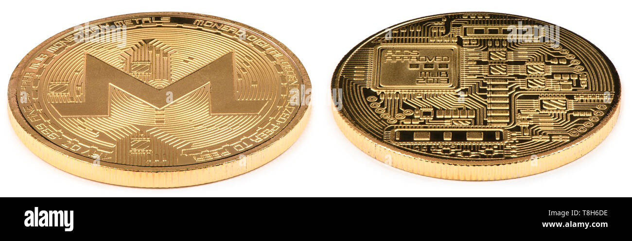 Golden monero isolated on white background. Front and back sides are shown. High resolution