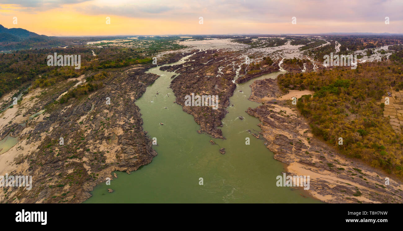 Aerial panoramic 4000 islands Mekong River in Laos, Li Phi waterfalls, famous travel destination backpacker in South East Asia Stock Photo