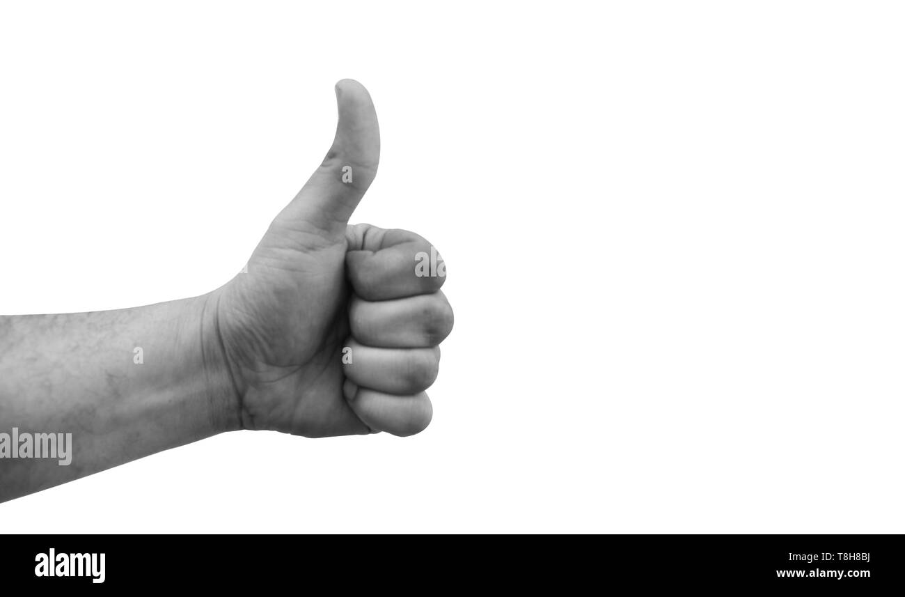 Hand with thumb up isolated on white background. Ok sign by man. Like hand. Stock Photo