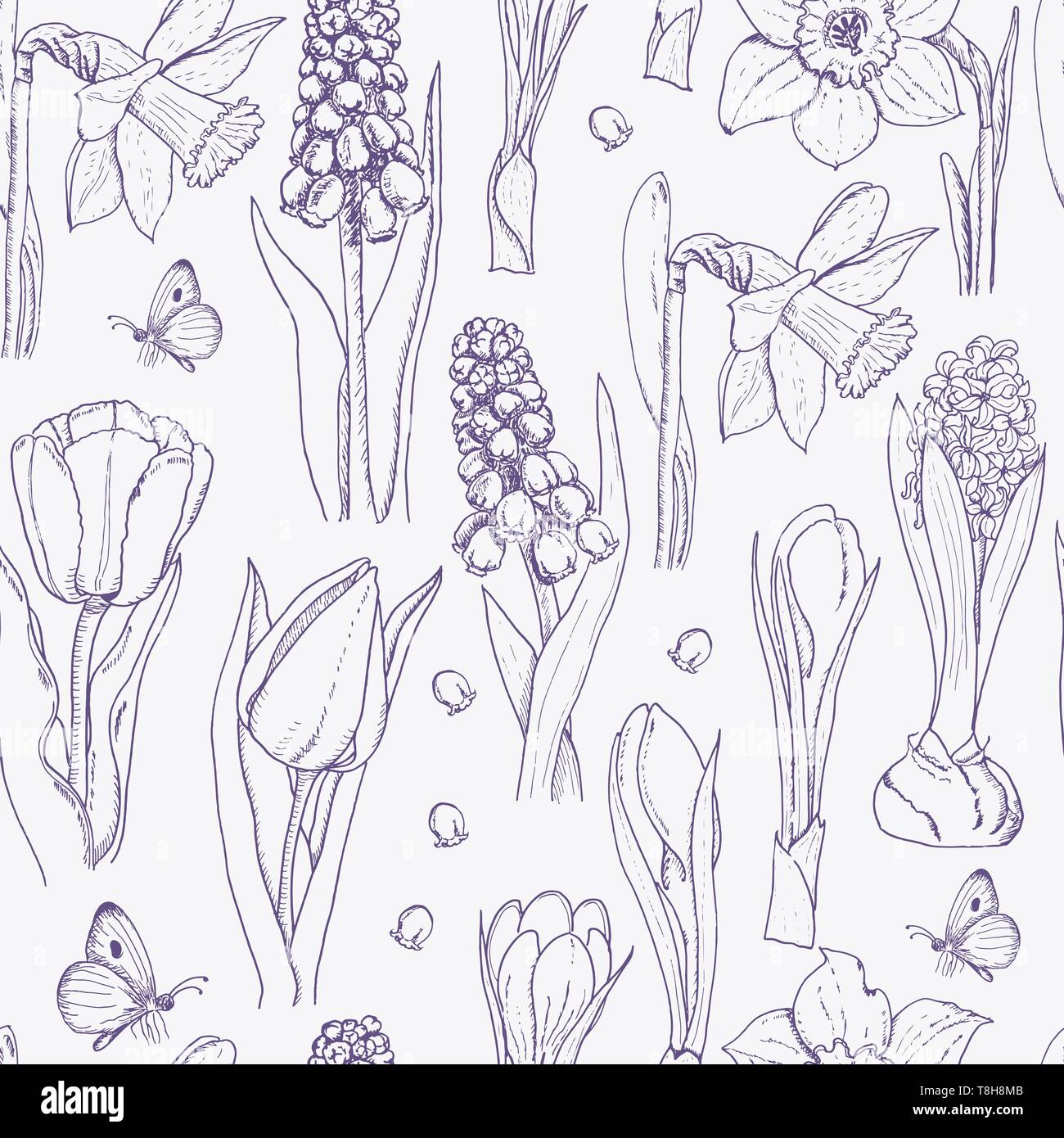 Seamless pattern with spring flowers on a white background. Vector ...