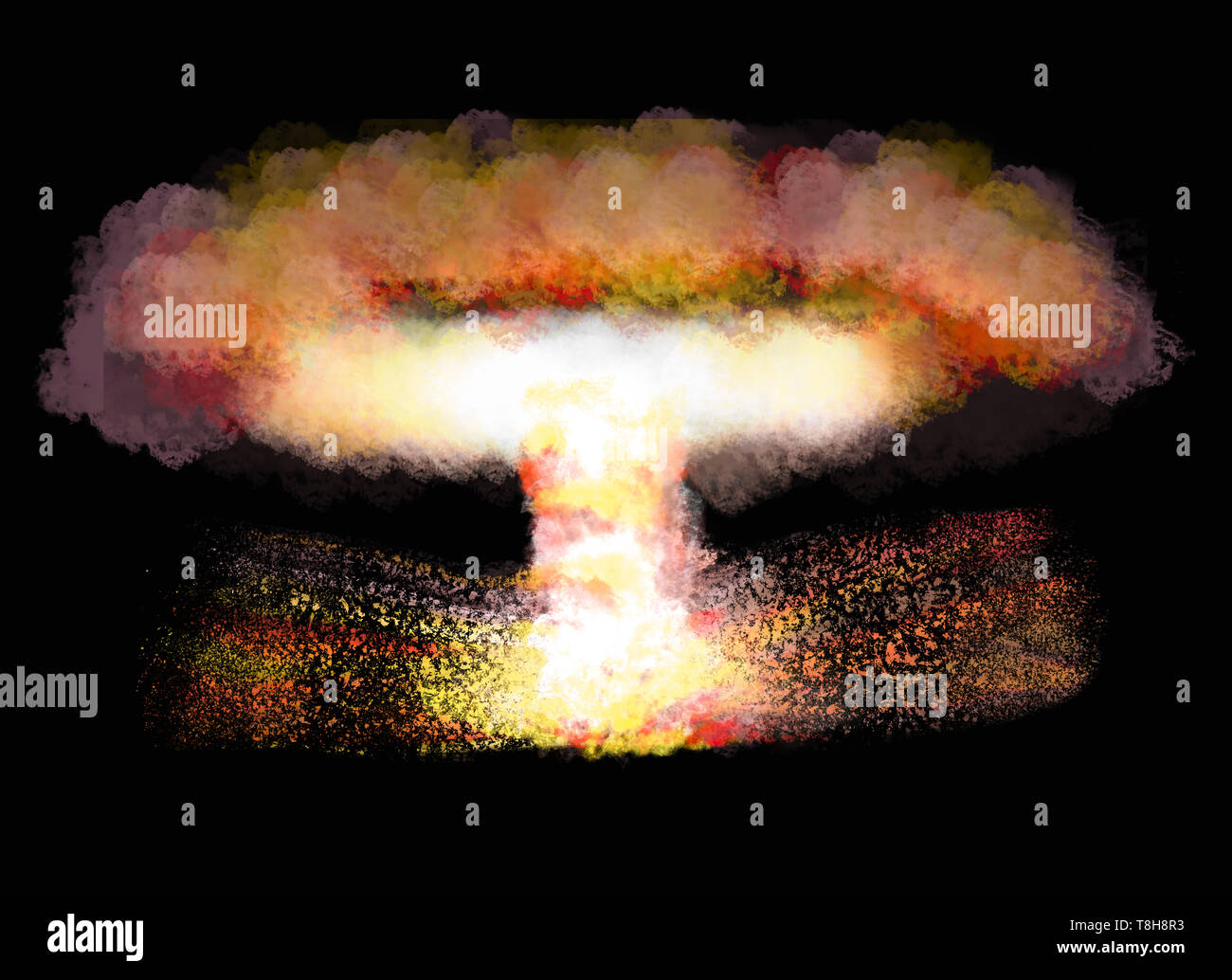 Nuclear explosion over the field. View of mushroom of the atomic bomb. Stock Photo
