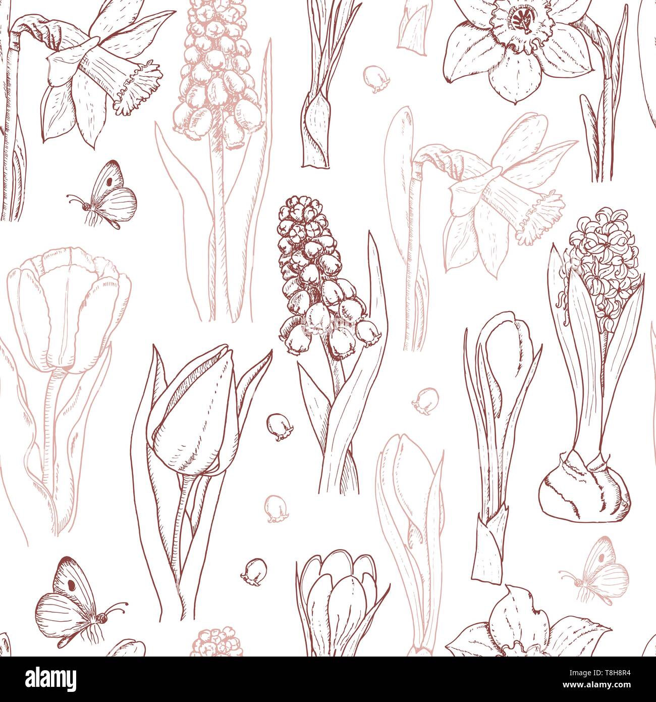 Seamless pattern with spring flowers on a white background. Vector ...