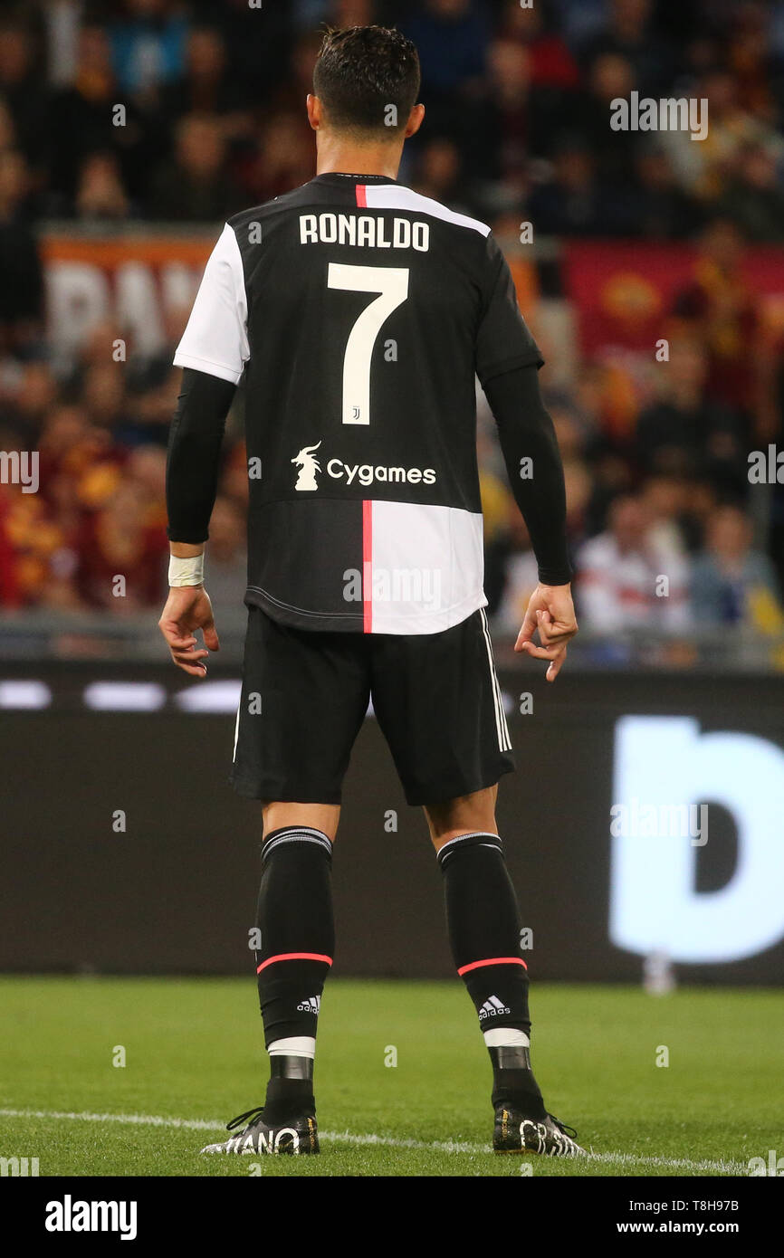 Rome, Italy. 12th May, 2019. Roma, Lazio, Italy, 12-05-19, Italian football  match between As Roma - Juventus at the Olimpico Stadium in picture Cristiano  Ronaldo striker of Juventus new t-shirt, the final