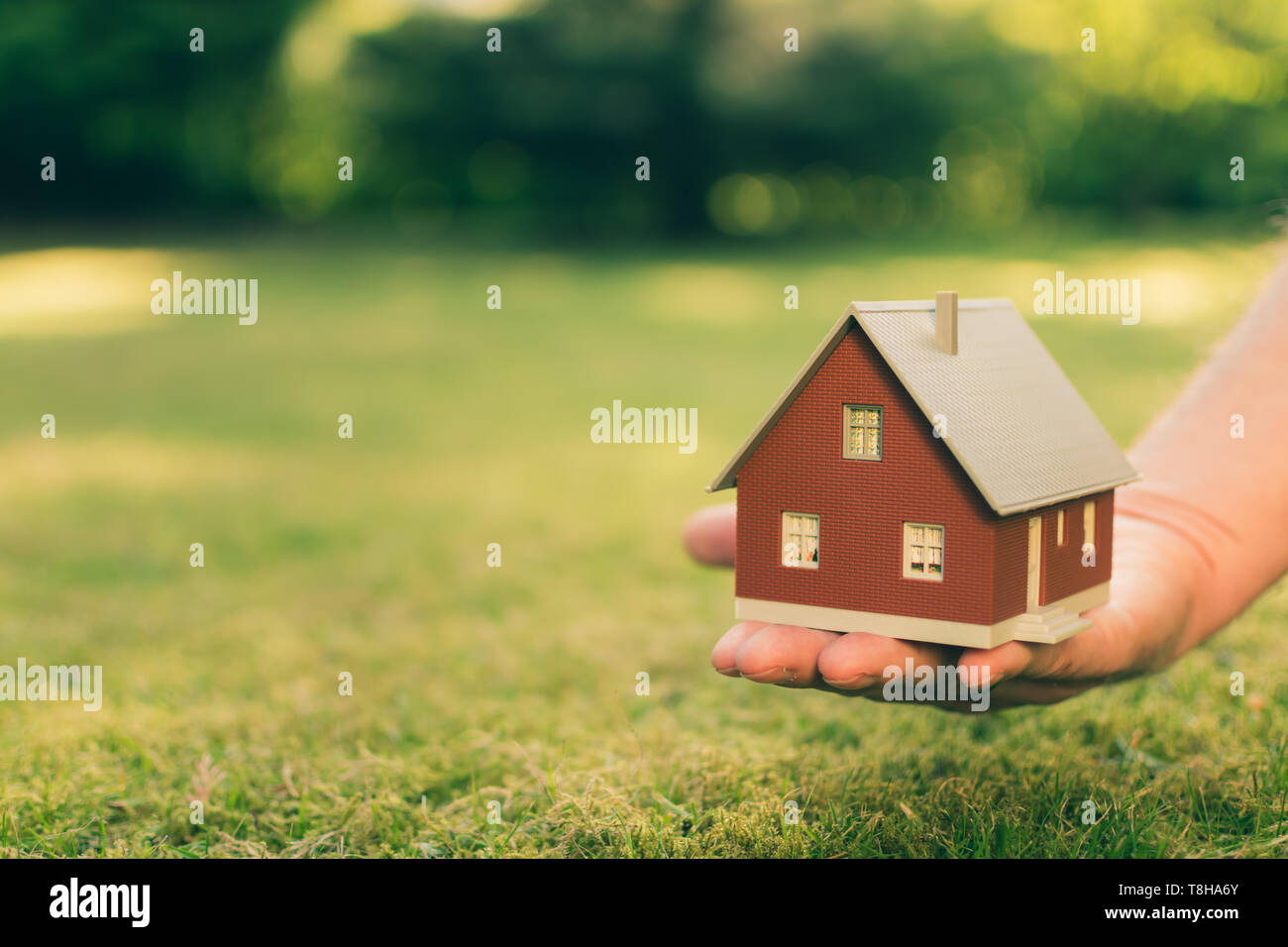 Concept of selling a house. A hand is holding a model house above green meadow. Stock Photo
