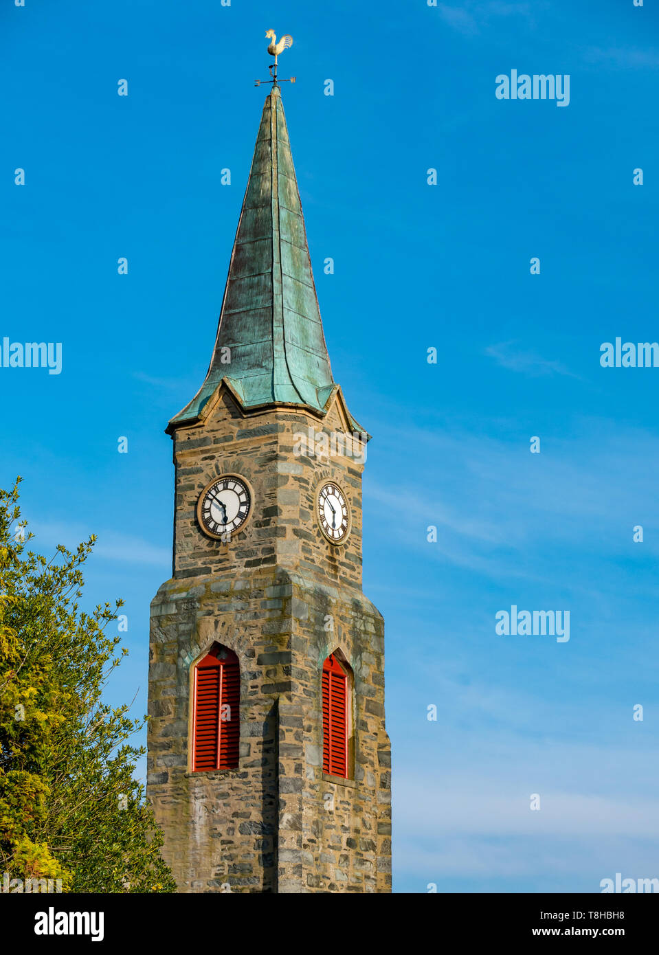 Aberfeldy Church of Scotland steeple clock spire on sunny Spring day, Aberfeldy, Perthshire, Scotland, UK Stock Photo