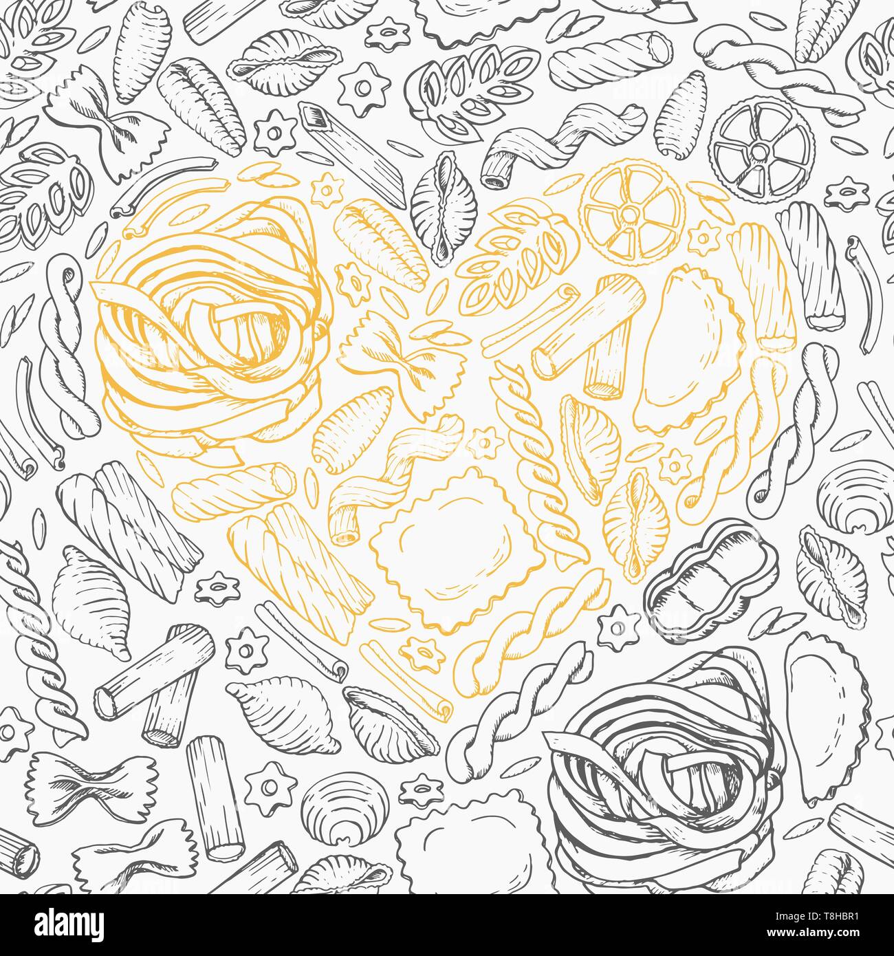 Seamless pattern with Italian pasta with heart. Vector illustration for ...