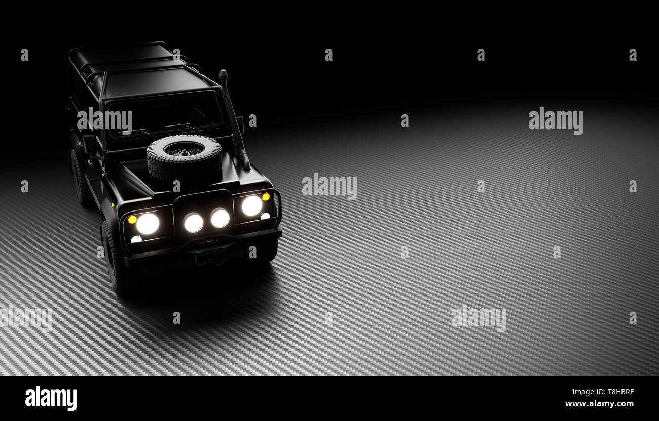 3d image render of a typical off-road vehicle on a carbon fiber background. headlights on. Stock Photo
