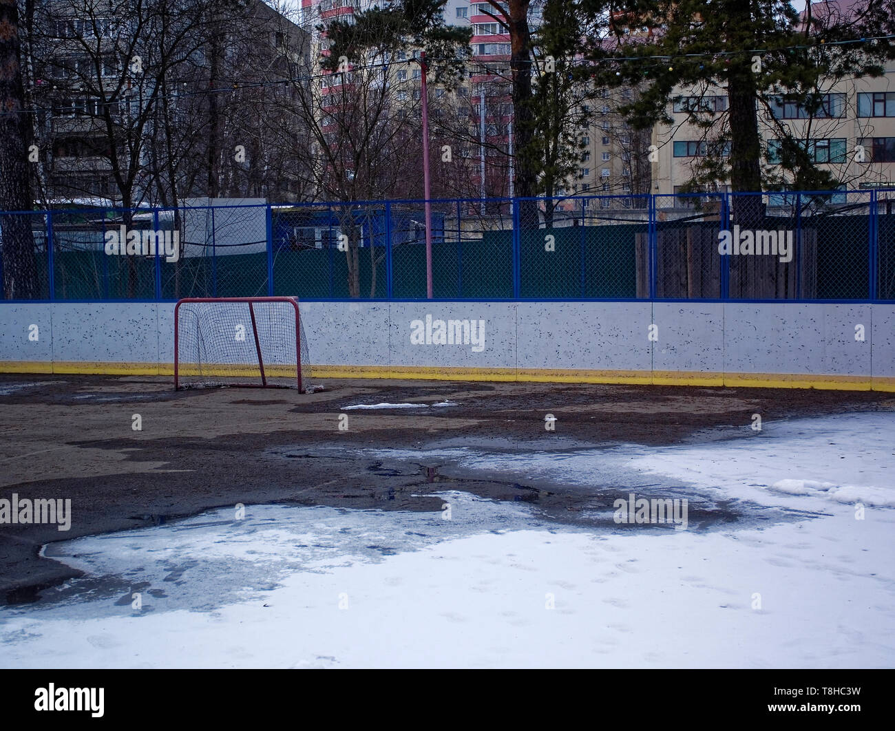 snow melts on the hockey field , Moscow Stock Photo Alamy