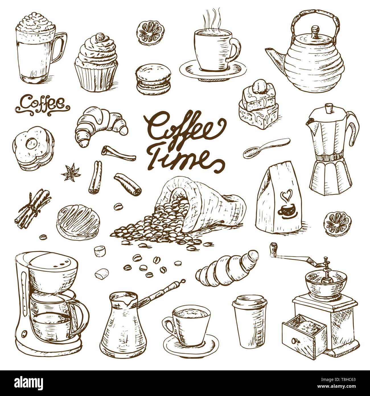 Barista Coffee Tools Set Sketch Style Doodles Grunge Background