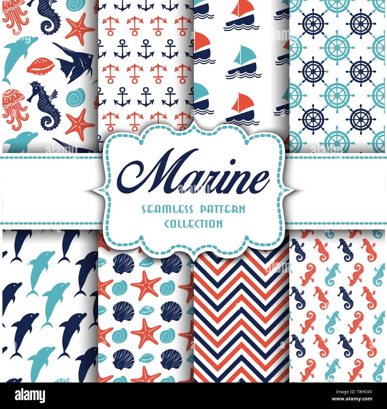 Big collection of seamless patterns with marine elements. Vector  illustration for your design Stock Vector