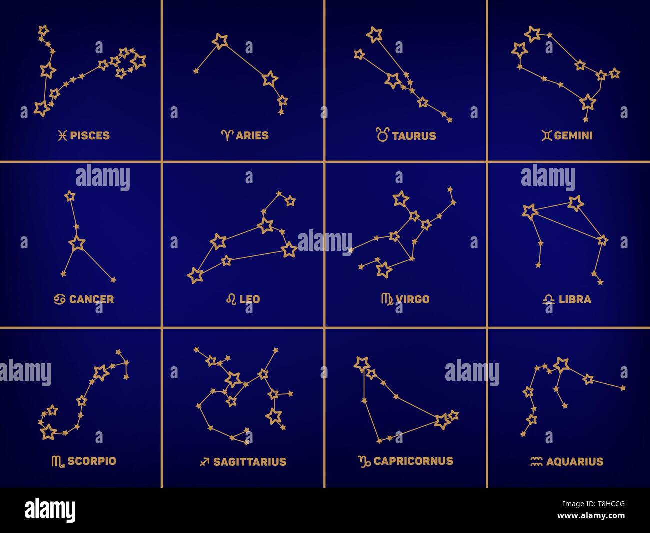 Vector set of square Zodiac signs, stars, constellations golden color in a dark blue background. Logo, tattoo or illustration. Astrological forecast,  Stock Vector