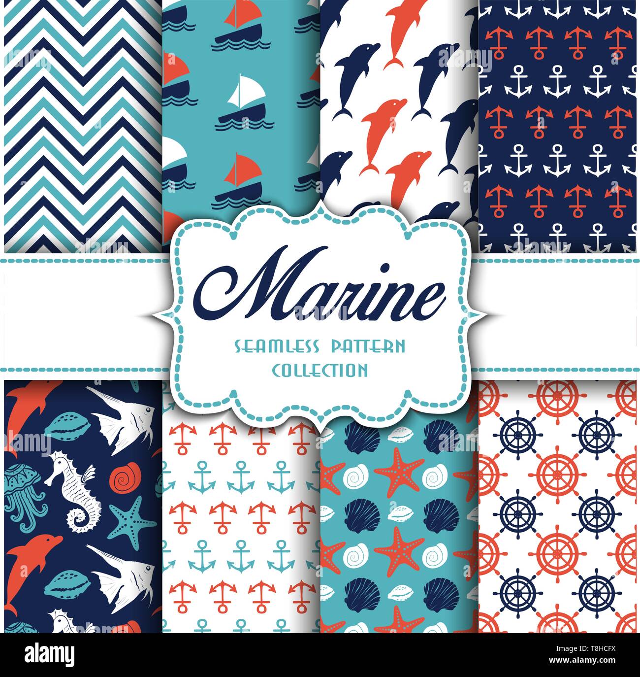 Big collection of seamless patterns with marine elements. Vector  illustration for your design Stock Vector