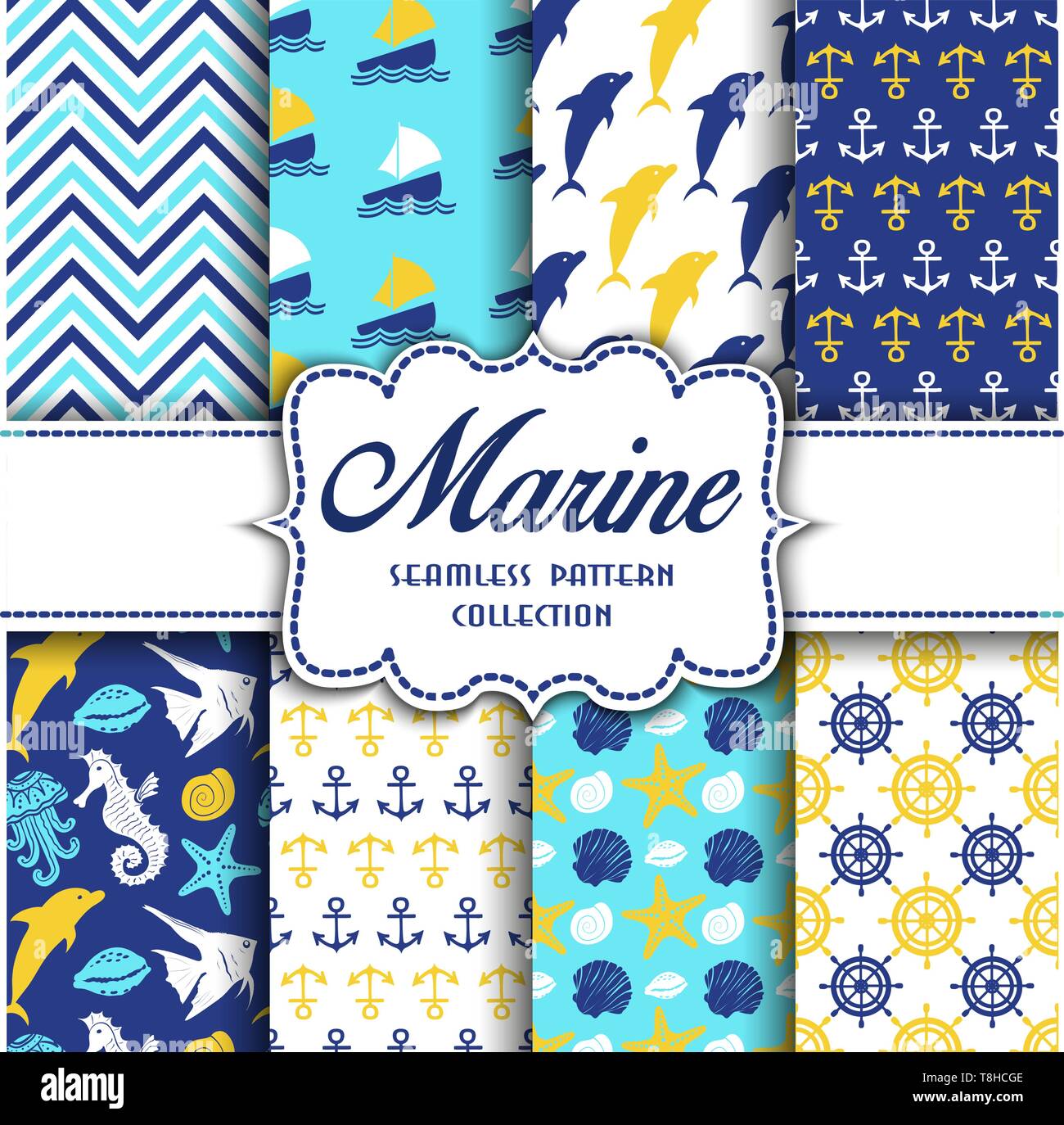 Big collection of seamless patterns with marine elements. Vector  illustration for your design Stock Vector