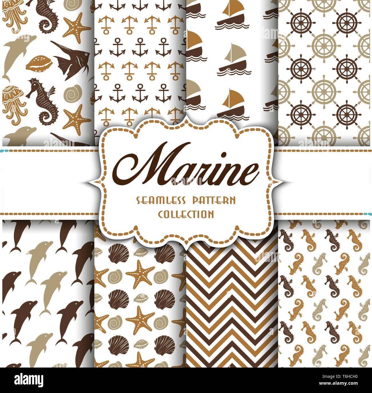 Big collection of seamless patterns with marine elements. Vector  illustration for your design Stock Vector