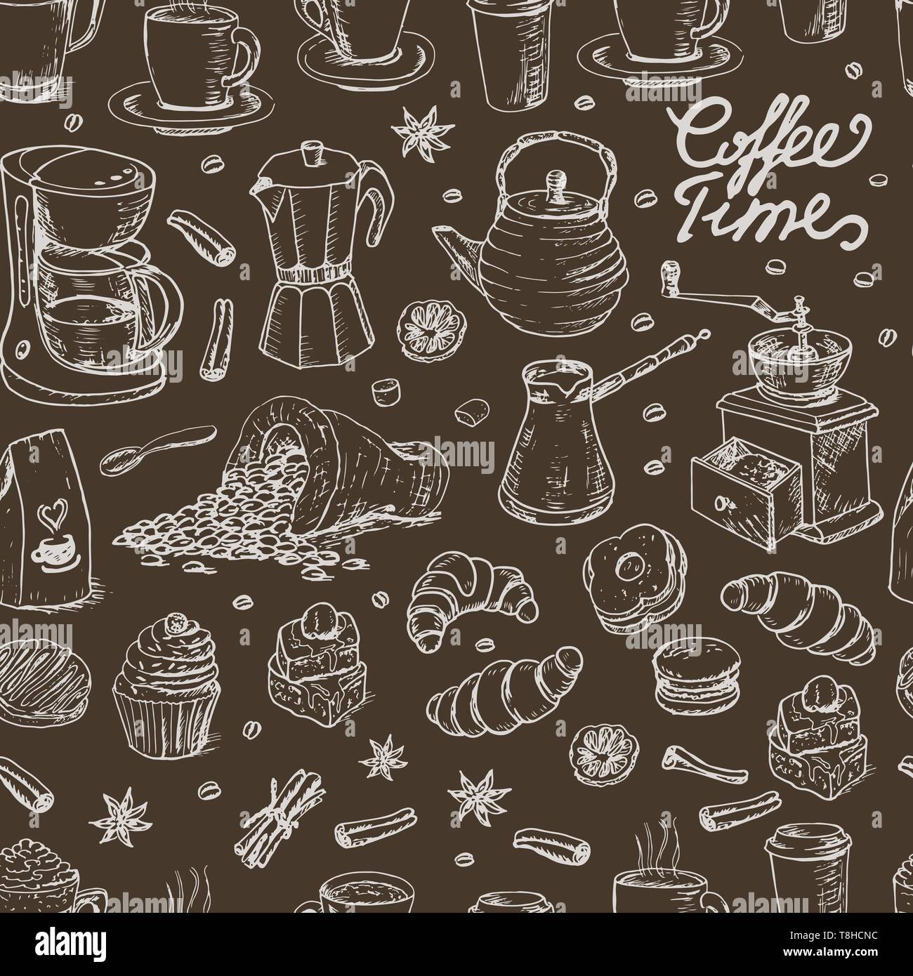 Seamless pattern with coffee elements on brown background. Vector ...