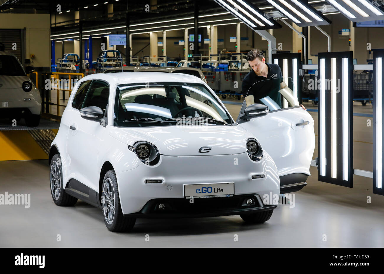 Aachen, North Rhine-Westphalia, Germany - e.GO Mobile delivers the first e.GO Life electric cars from the Aachen assembly plant. e.GO employee Christi Stock Photo