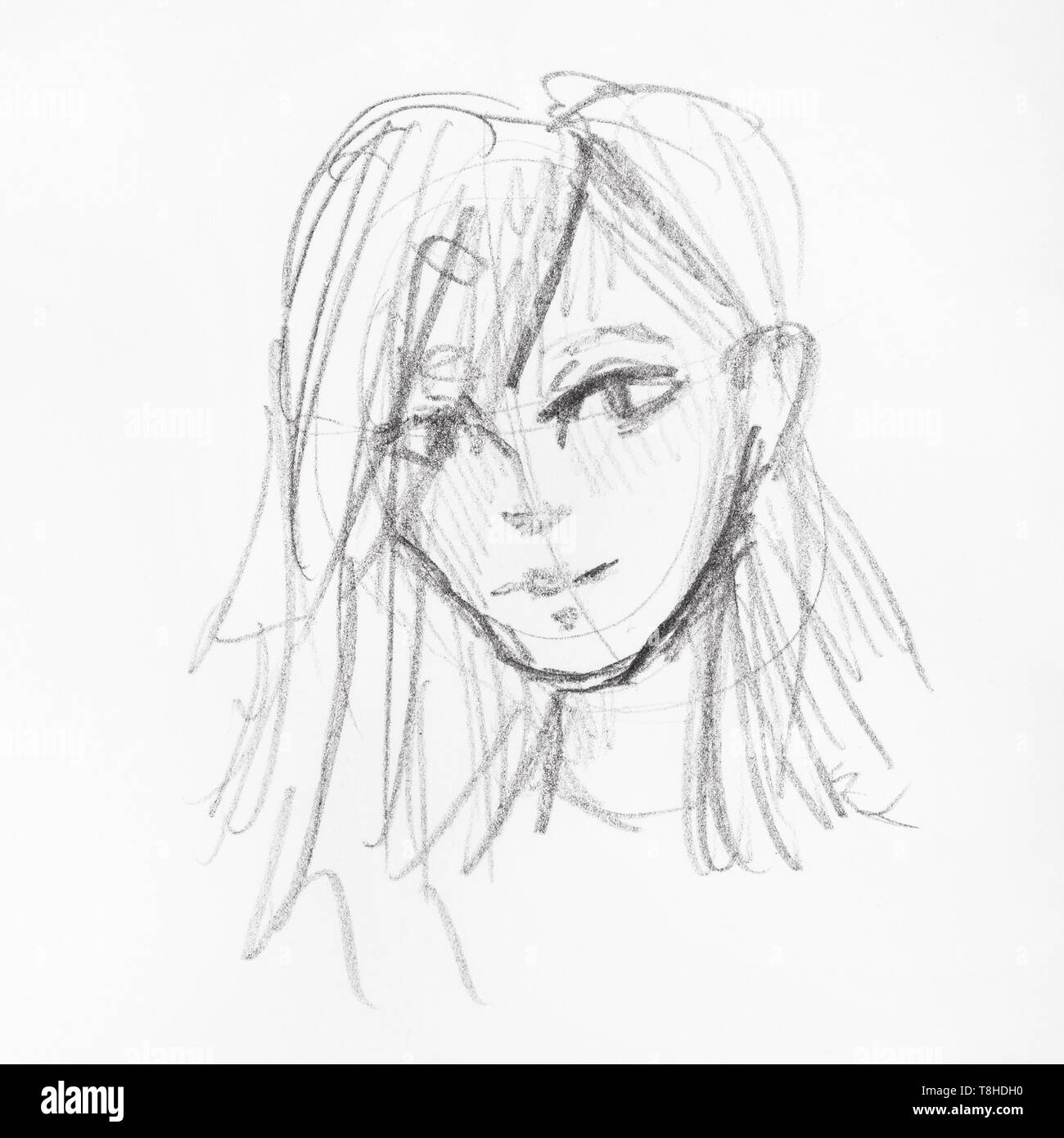 sketch of head of girl with long matted hair hand-drawn by black pencil on white paper Stock Photo