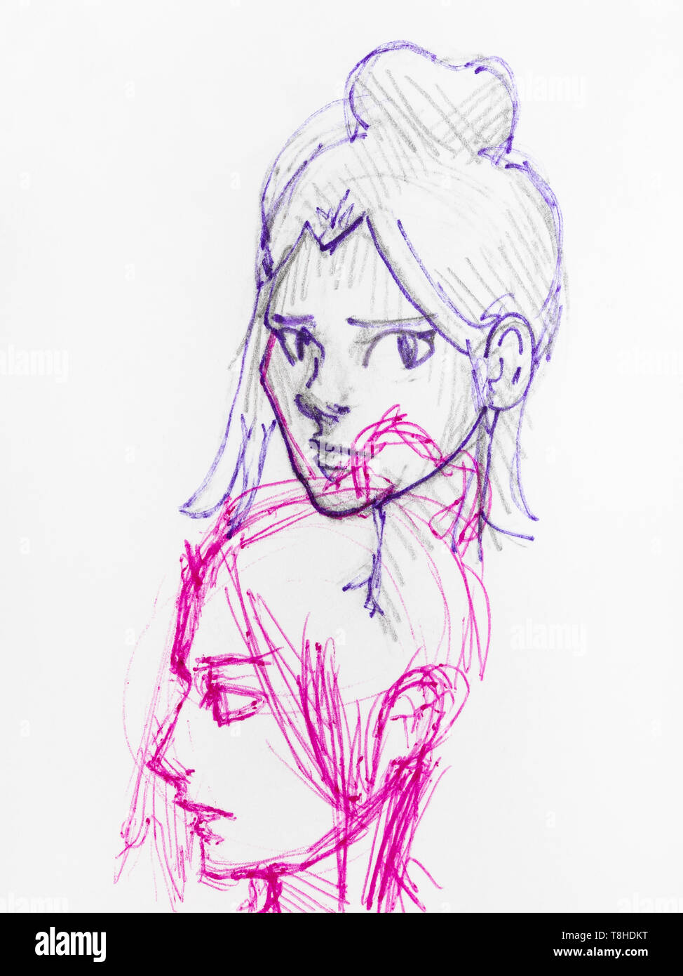 Sketches Of Female Heads With Bun Hairstyle Hand Drawn By Blue And