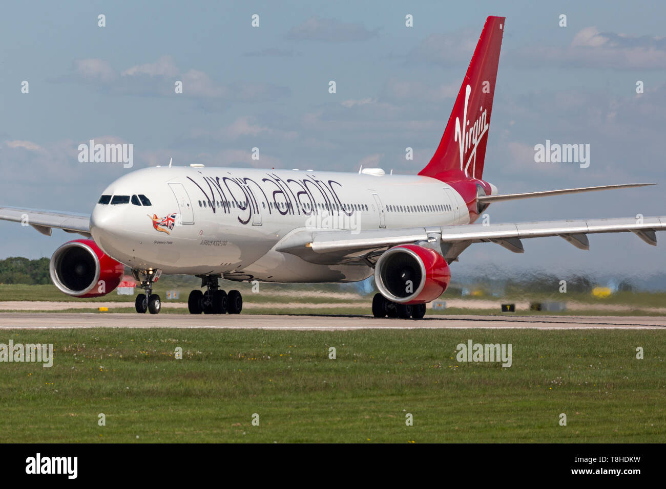 Virgin Atlantic Airways Airbus A330, registration G-VLNM preparing for take off at Manchester Airport, England. Stock Photo