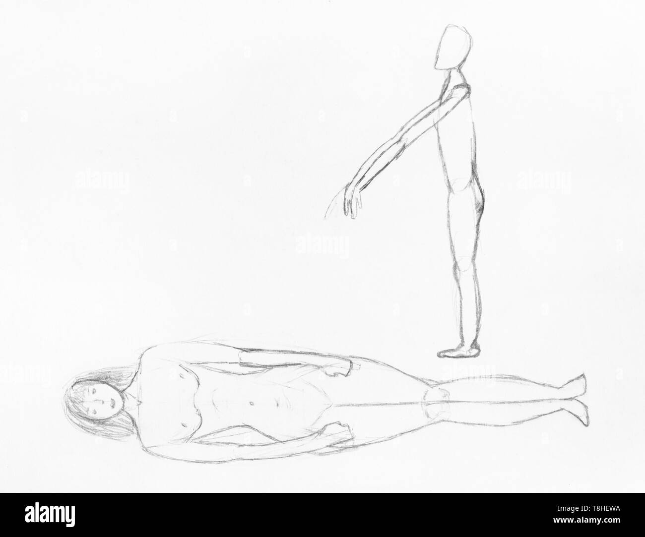 sketch of lying human body and zombie hand-drawn by black pencil on white paper Stock Photo