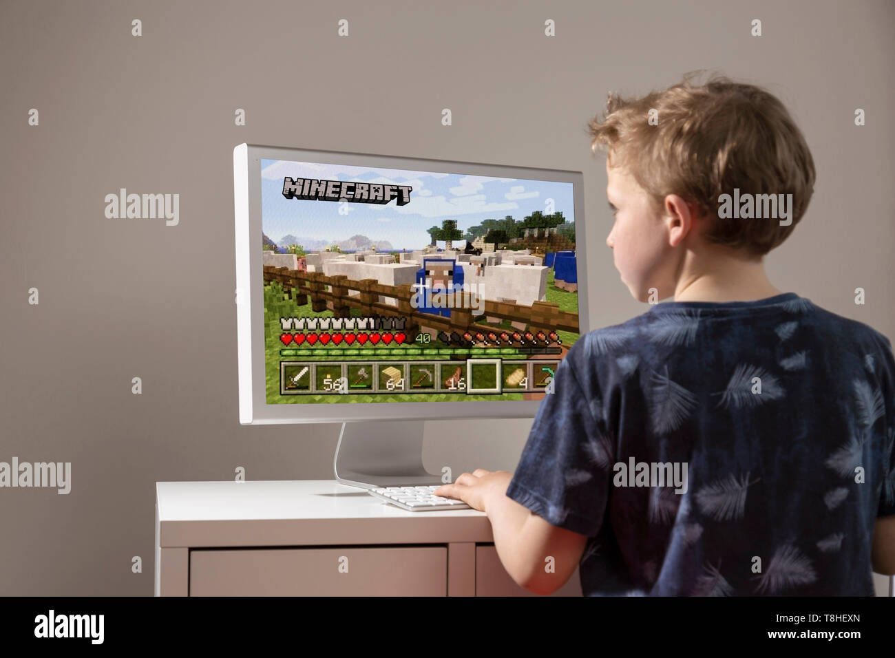 Boy playing the computer game minecraft Stock Photo