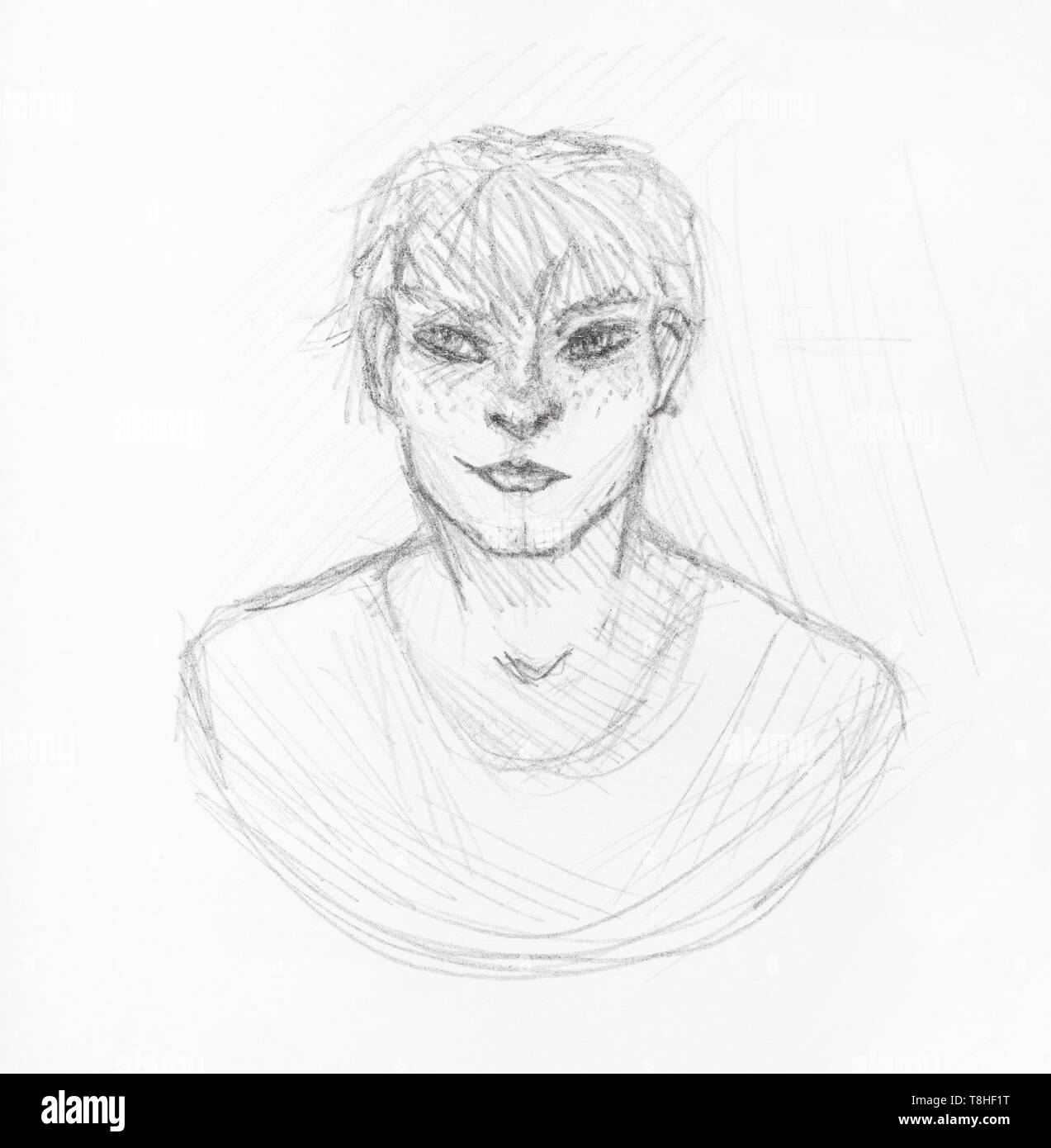 sketch of head of strong boy with freckled face hand drawn by