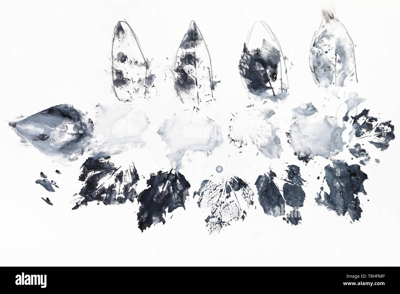 imprints of leaves on white paper made by black watercolor in ...
